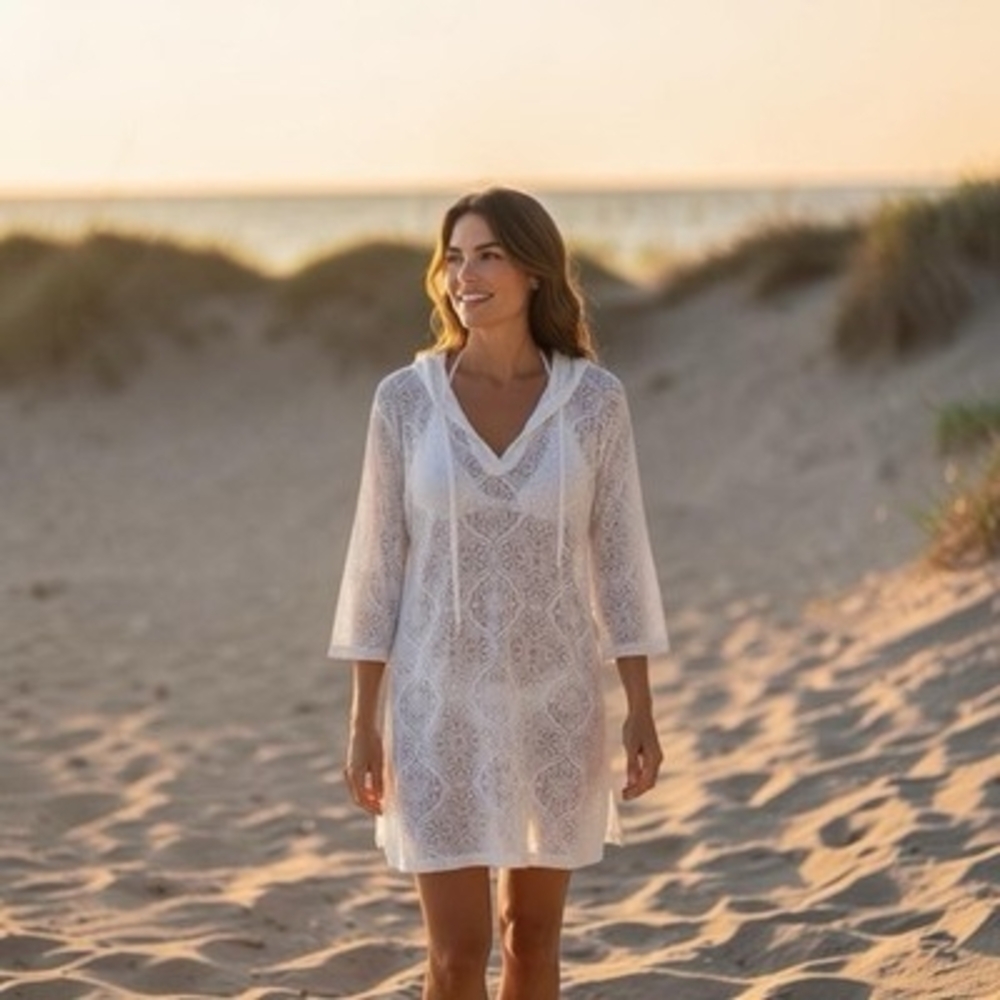 Bally Total Fitness White Hooded Burnout Tunic Cover Up Dress Women's M VG